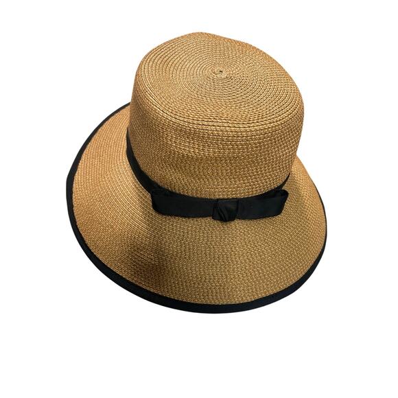 Eric Javits Visor Adjustable Straw Hat UPF 50+ Beige Black Packable Sunbust Bow - Picture 2 of 11